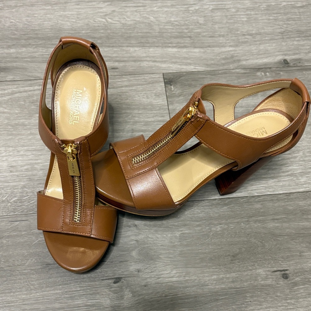 MICHAEL Michael Kors Cognac Leather Zip-Front Block Heel Sandals
